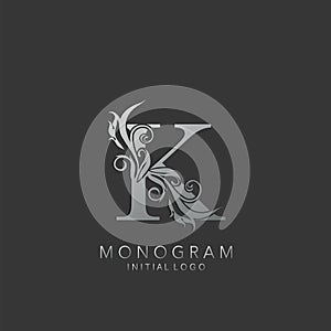 Monogram Luxury K Letter logo icon vector design concept with nature leaf silver