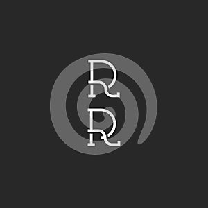 Monogram R logo black and white simple hipster mark, capital RR initials wedding invitation emblem mockup, intersection thin line