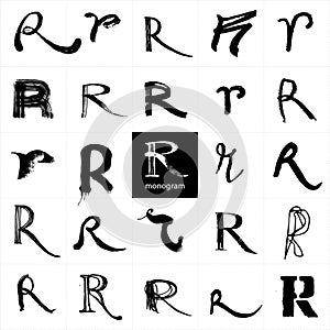 Monogram R. Set of handwritten stylish letters.