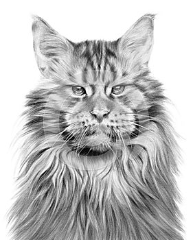 Monohrome handdrawing portrait of a Maine Coon cat. Pet on white. photo