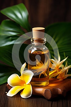 Monoi de Tahiti essential oil in a bottle. Generative AI,