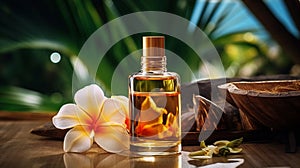 Monoi de Tahiti essential oil in a bottle. Generative AI,