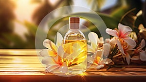 Monoi de Tahiti essential oil in a bottle. Generative AI,