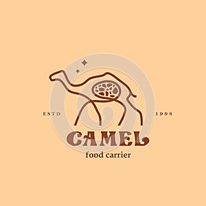 monoline camel with food in the stomach, desert animal logo design with stars and vector lines suitable for travel and food logos