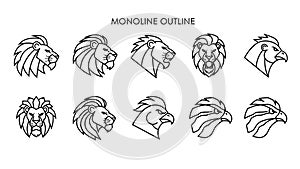 Monoline Outline Lion and Eagle Head Vector Set