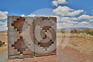 Monolith in Kantatallita temple. Tiwanaku archaeological site. Bolivia