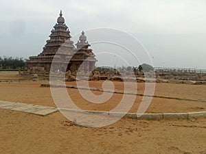 Monolithic monuments of the Shore Temple near Mahabalipuram in Tamil Nadu, southern India