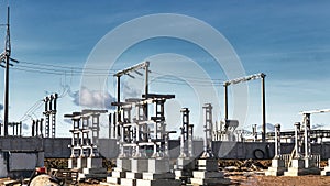 Monolithic reinforced concrete foundation or grillage for the construction of a modern power plant. Powerful columns and grillages