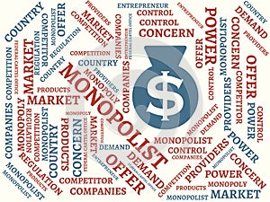 MONOPOLIST - image with words associated with the topic MONOPOLY, word cloud, cube, letter, image, illustration