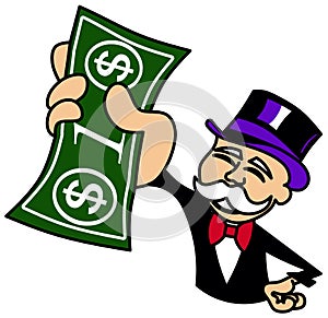 Monopoly Guy holding one dollar bill