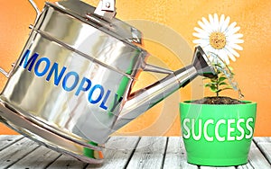 Monopoly helps achieving success - pictured as word Monopoly on a watering can to symbolize that Monopoly makes success grow and