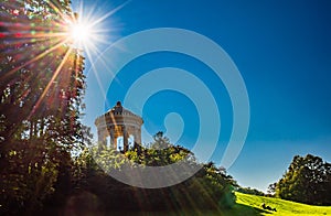 Monopteros temple at the English Garden of Munich, Germany, during sunset