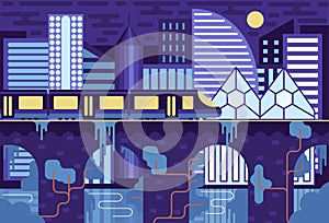Monorail metro train on bridge in megapolis futuristic night panorama - Vector illustration in flat stile