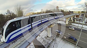 Monorail train on the railroad tracks in the photo