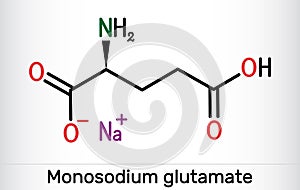 Monosodium glutamate, MSG, sodium glutamate molecule. It is flavor enhancer E621. Skeletal chemical formula
