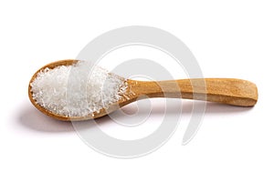 Monosodium glutamate, MSG on wooden spoon Isolated on white background