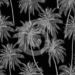 Monotone black and grey Silhouette of palm trees botanical vector seamless pattern