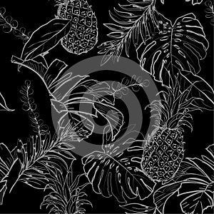 Monotone black and white summer night Outline hand drawing Exotic leaves seamless pattern.