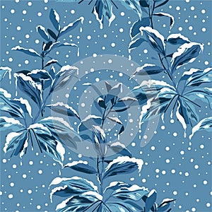 Monotone blue botanical palnts with snow winter mood seamless pattern , Design for fashion , fabric,wallpaper,web,wrapping and all