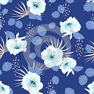 Monotone blue seamless vector hibiscus exotic floral pattern, spring summer background with tropical flowers, palm leaves,