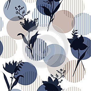 Monotone in blue Vector botanic silhouette floral seamless pattern on modern colorful stripe polka dot, delicate flower