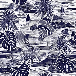 Monotone vector hand drawn on navy blue seamless island pattern on white background