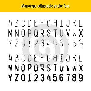 Monotype letters stroke font alphabet and numbers. Thin line with adjustable width, hatching and design.