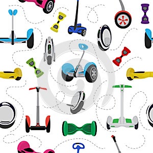 Monowheel solo wheel hoverboard vector gyroscooter set electro eco transport illustration seamless pattern background