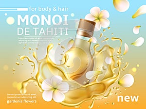 Monoy de Tahiti poster. Glass bottle with yellow transparent oil. Liquid splashes, frangipani flower. Advertising banner