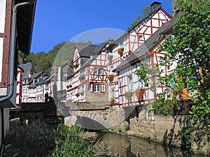 Monreal, Eifel, Historic Houses and Bridge over Elz River, Rhineland-Palatinate, Germany