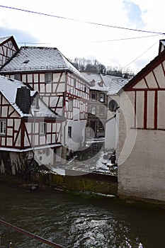 Monreal, Germany - 02 09 2021: Medieval Monreal, narrow streets, half-timbered houses and the Elz