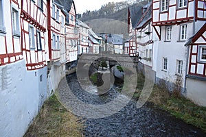 Monreal, Germany - 12 12 2022: Elz between half-timbered houses at the bridge