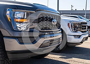 Monroeville, Pennsylvania, USA February 25, 2024 Two Ford F150 Pickup trucks for sale at a dealership