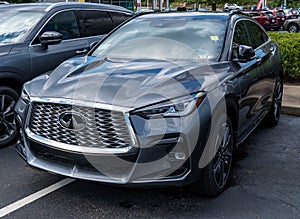 Monroeville, Pennsylvania, USA September 25, 2022 A gray Infiniti car for sale at a dealership