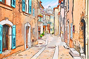 Mons, Var, Provence, France: watercolor painting of the old town photo