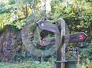 Monsal trail signage, near Litton Mill, on the Peak District Monsal trail, Derbyshire.