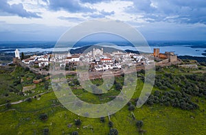 Monsaraz drone aerial view in Alentejo at sunset, Portugal