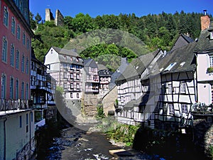 Monschau, Eifel, Half-timbered Houses line the narrow Rur River, North Rhine-Westphalia, Germany