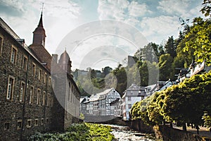 Monschau in Eifel region. A small picturesque town in Noth Rhine-Westphalia, Germany