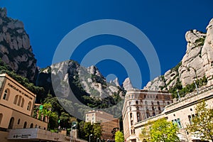 MONSERRAT, SPAIN - April, 2019: Santa Maria de Montserrat Abbey in Monistrol de Montserrat, Catalonia