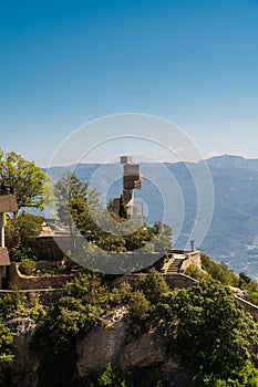 MONSERRAT, SPAIN - April, 2019: Santa Maria de Montserrat Abbey in Monistrol de Montserrat, Catalonia