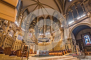 MONSERRAT, SPAIN - FEBRUARY 20, 2019: Interior of the Basilica of the Montserrat Monastery in the abbey of Santa Maria de