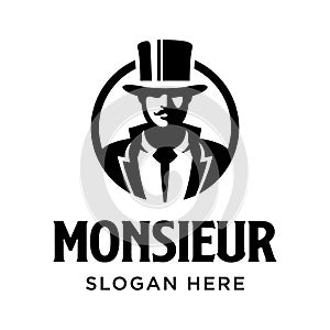 Monsieur black gentleman mustache vintage classic logo icon vector photo