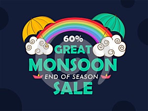 Monsoon great end of season sale creative banner, emblem or badges with rainbow, umbrella and cloud rainy day