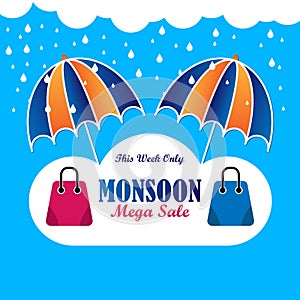 monsoon mega sale banner with rain background and umbrella and shopping bags