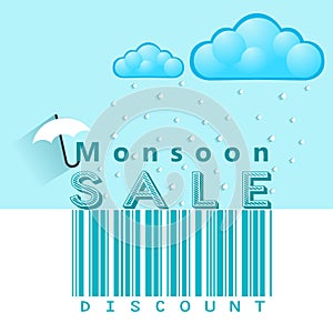 Monsoon offer and sale banner, flyer or poster with rain and open umbrella concept