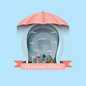 Monsoon offers banner backgroud with umbrella and city.Flat design vector illustration.