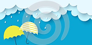 Monsoon poster. Clouds, rain and umbrella on blue background. Vector illustration