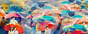 Monsoon rainy day - Colorful watercolor painting of people walking on the street