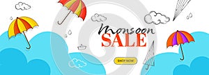 Monsoon Sale Banner or Header Design with Clouds, Umbrella, Paper Boat, Water Drops on White and Blue